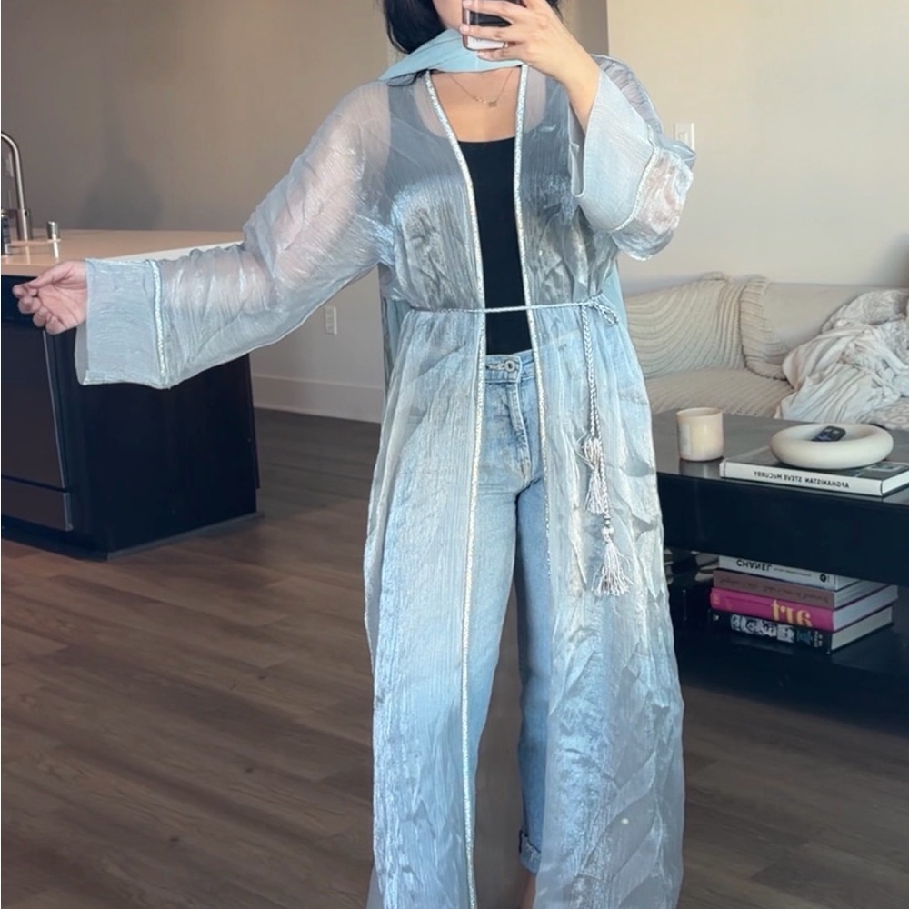Sheer blue Silver Long abaya Kimono